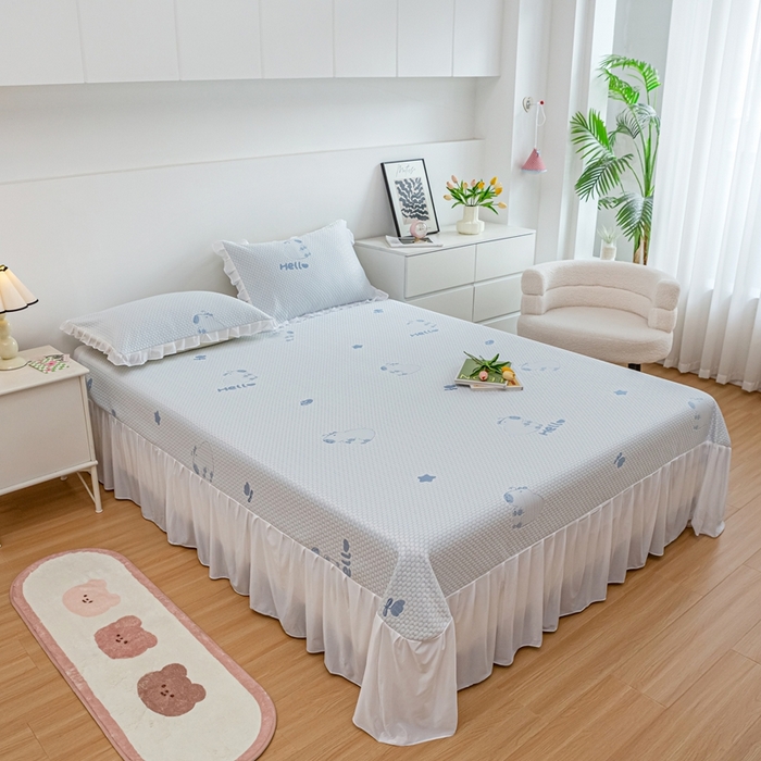 91家纺网 家纺一手货源 找家纺 春寻家纺 2025新款凉豆豆冰丝凉席席子-床裙款 卡皮巴拉-蓝