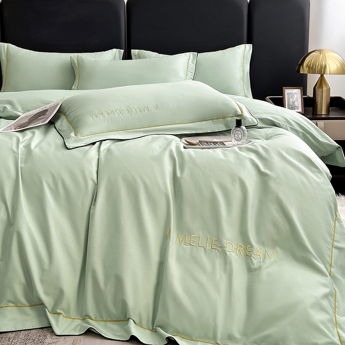 91家纺网 家纺一手货源 找家纺 宇彬家纺 2025新款直播热款13374全棉母婴级压线一字绣宽边枕套被套纯色滚边麻绳四件套贡缎新疆长绒 梦系列-炫彩绿