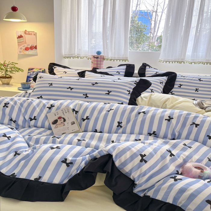 91家纺网 家纺一手货源 找家纺 2025水洗棉花边四件套_9067 蝴蝶结-条纹蓝