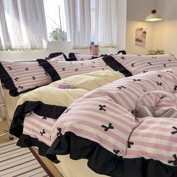 91家纺网 家纺一手货源 找家纺 2025水洗棉花边四件套_9067 蝴蝶结-条纹粉