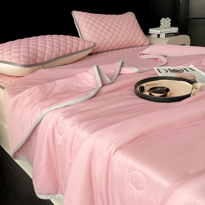 91家纺网 家纺一手货源 找家纺 欧邦 2025新款加厚纯色凉席四件套--凉席三件套 方格-豆粉