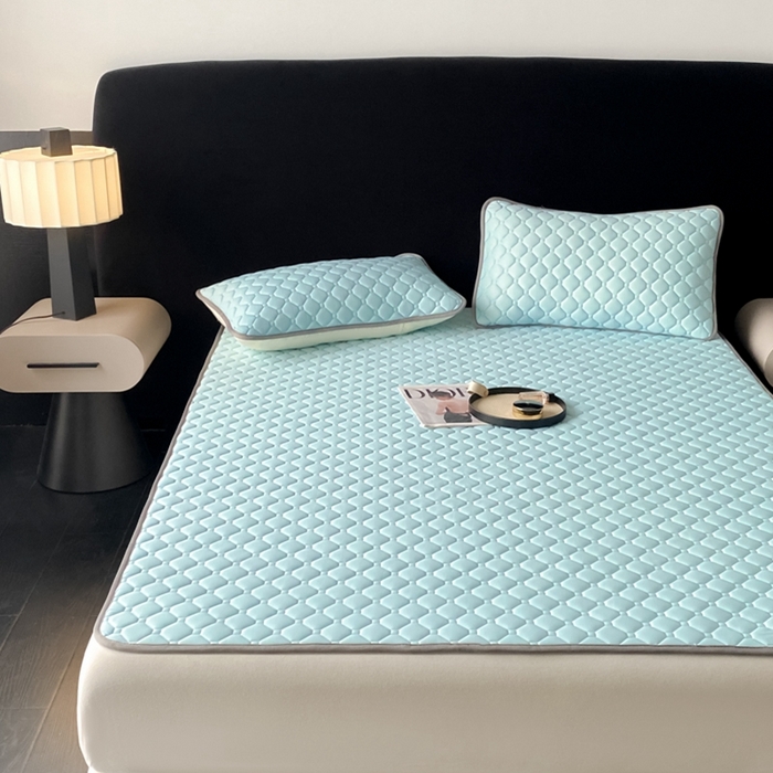 91家纺网 家纺一手货源 找家纺 欧邦 2025新款加厚纯色凉席四件套--凉席三件套 方格-湖蓝