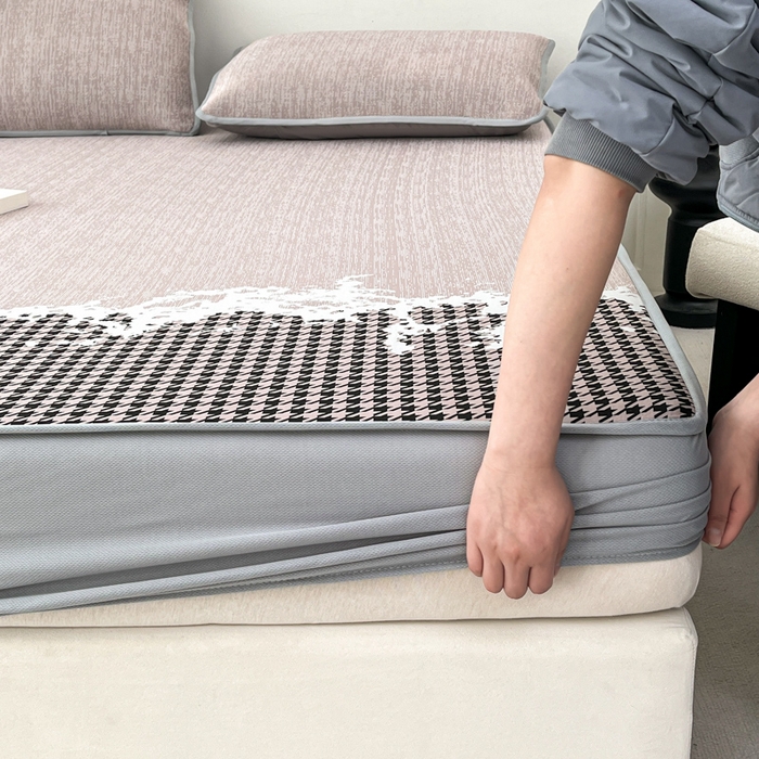 91家纺网 家纺一手货源 找家纺 子曰 2025新款高定版A类PE聚乙烯凉感凉席提花凉席床笠 千鸟格-紫