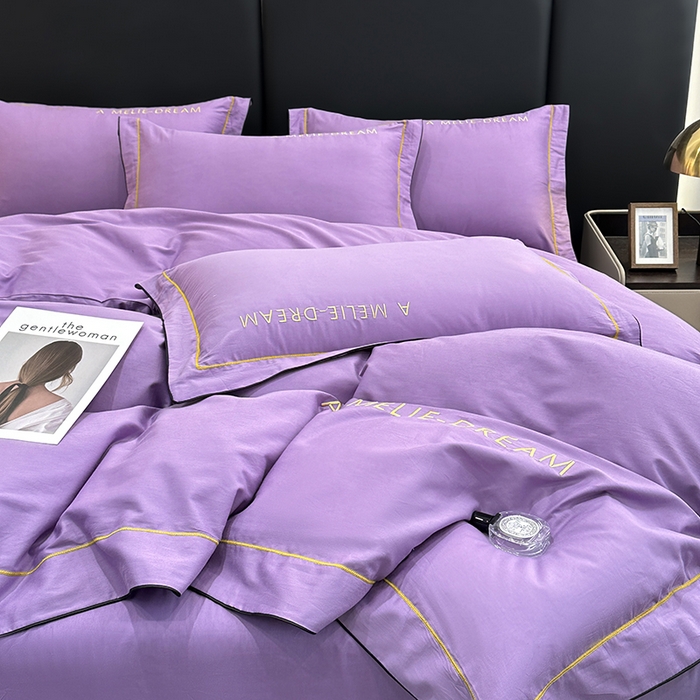 91家纺网 家纺一手货源 找家纺 宇彬家纺 2025新款直播热款13374全棉母婴级压线一字绣宽边枕套被套纯色滚边麻绳四件套贡缎新疆长绒 梦系列-曲雅紫