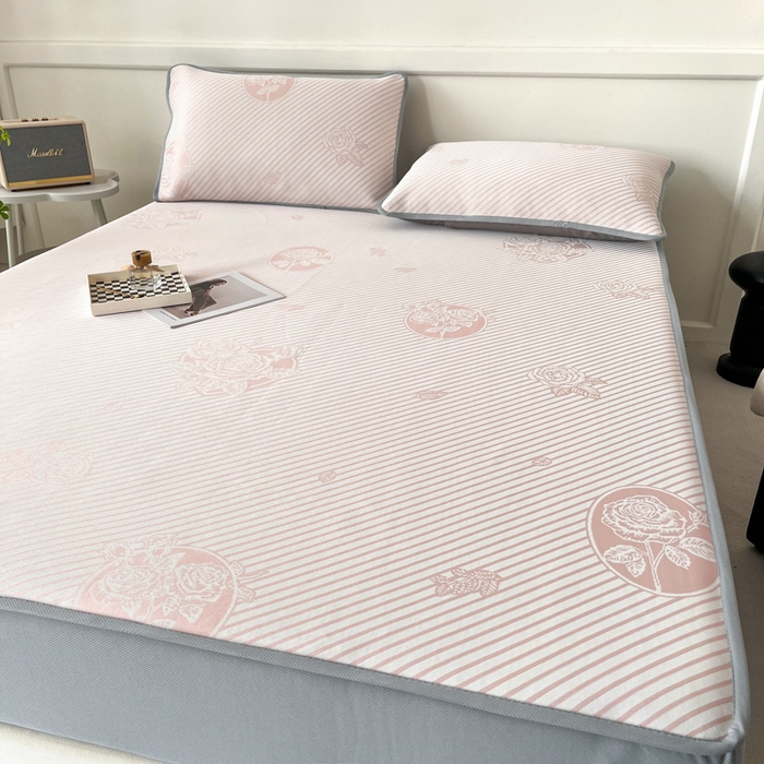 91家纺网 家纺一手货源 找家纺 子曰 2025新款高定版A类PE聚乙烯凉感凉席提花凉席床笠 玫瑰-粉【床笠款】