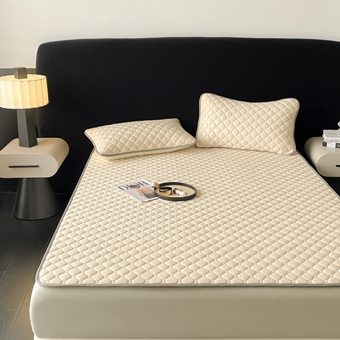 91家纺网 家纺一手货源 找家纺 欧邦 2025新款加厚纯色凉席四件套--凉席三件套 方格-米杏