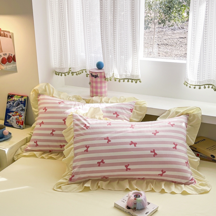 91家纺网 家纺一手货源 找家纺 2025水洗棉花边四件套_9067 蝴蝶结-条纹玉粉