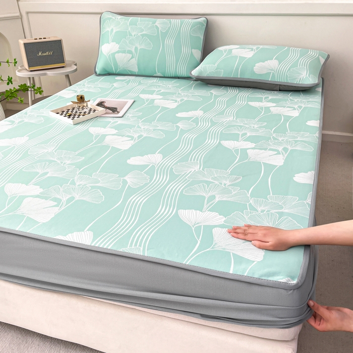 91家纺网 家纺一手货源 找家纺 子曰 2025新款高定版A类PE聚乙烯凉感凉席提花凉席床笠 银杏叶-绿【床笠款】