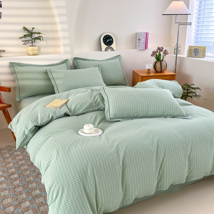 91家纺网 家纺一手货源 找家纺 金窝窝家纺 2025新款纯棉水洗棉四件套 春意盎然淡绿色