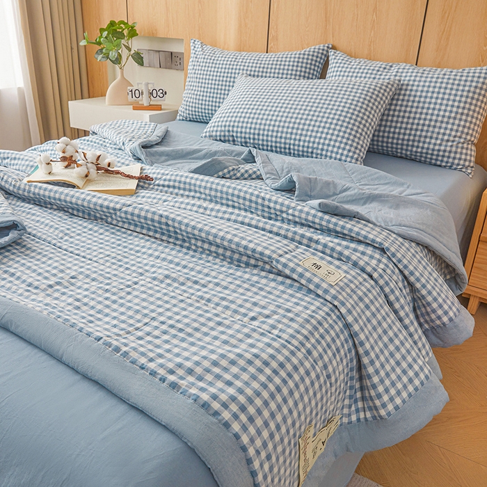 91家纺网 家纺一手货源 找家纺 创优家纺 2025新款无印风格子新疆棉夏被空调被纯棉花被夏被子薄被芯水洗棉包检测 蓝小格