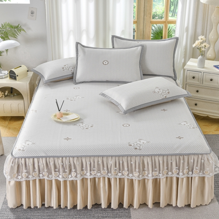 91家纺网 家纺一手货源 找家纺 品乐家纺  2025新款床裙款提花冰豆豆套件凉席席子 浅驼