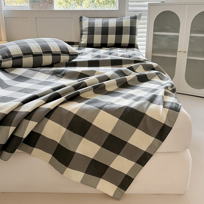 91家纺网 家纺一手货源 找家纺 晓时候 2025原棉老粗布床单凉席三件套软凉席子单床单 黑白格