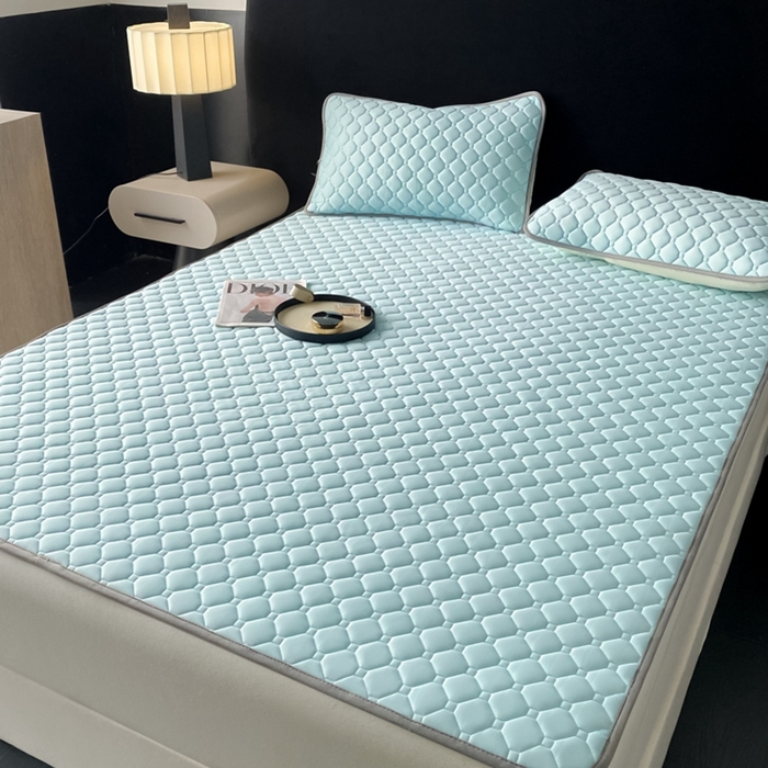 91家纺网 家纺一手货源 找家纺 欧邦 2025新款加厚纯色凉席四件套--凉席三件套 方格-湖蓝