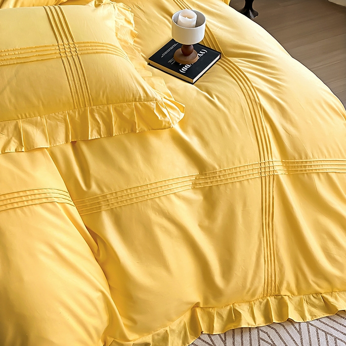 91家纺网 家纺一手货源 找家纺 花香四季家纺 2025新款全棉13376公主风纯棉法式手工立体线条四件套 姜黄