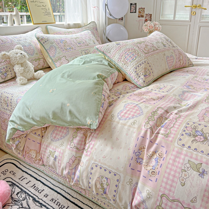 91家纺网 家纺一手货源 找家纺 羽爱家纺 2025新款A类双面全棉印花床盖套件 彩虹蛋糕