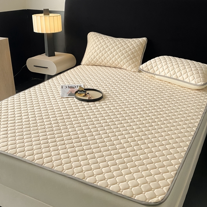 91家纺网 家纺一手货源 找家纺 欧邦 2025新款加厚纯色凉席四件套--凉席三件套 方格-米杏