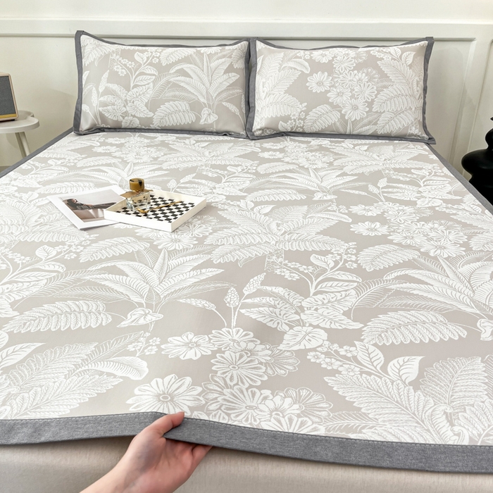 91家纺网 家纺一手货源 找家纺 子曰 2025新款高定版A类PE聚乙烯凉感凉席提花凉席床笠 叶之恋-咖【平铺款】