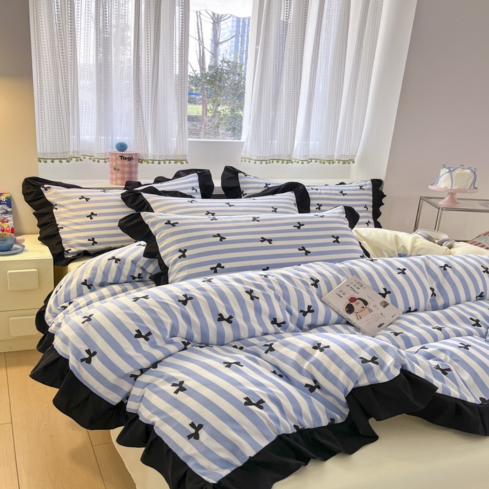 91家纺网 家纺一手货源 找家纺 2025水洗棉花边四件套_9067 蝴蝶结-条纹蓝