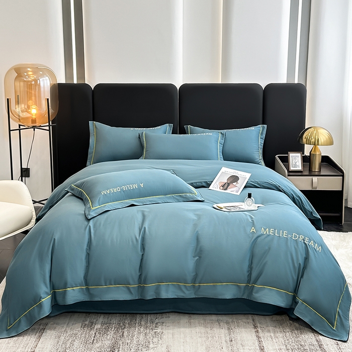 91家纺网 家纺一手货源 找家纺 宇彬家纺 2025新款直播热款13374全棉母婴级压线一字绣宽边枕套被套纯色滚边麻绳四件套贡缎新疆长绒 梦系列-摩卡绿