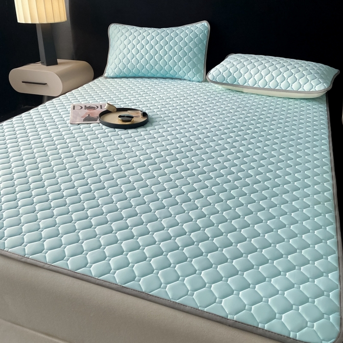 91家纺网 家纺一手货源 找家纺 欧邦 2025新款加厚纯色凉席四件套--夏被四件套 方格-湖蓝