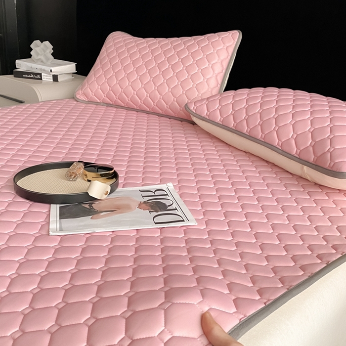 91家纺网 家纺一手货源 找家纺 欧邦 2025新款加厚纯色凉席四件套--凉席三件套 方格-豆粉