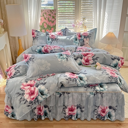 优家居 2025新款芦荟棉床裙四件套 花开富贵