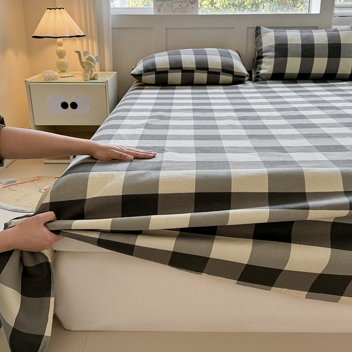 91家纺网 家纺一手货源 找家纺 晓时候 2025原棉老粗布床单凉席三件套软凉席子单床单 黑白格