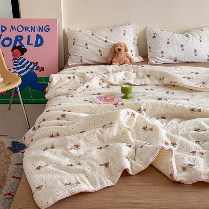 91家纺网 家纺一手货源 找家纺 萝莉家纺 2025新款软软糯糯双层皱皱纱单夏被 夏被四件套 波点狗