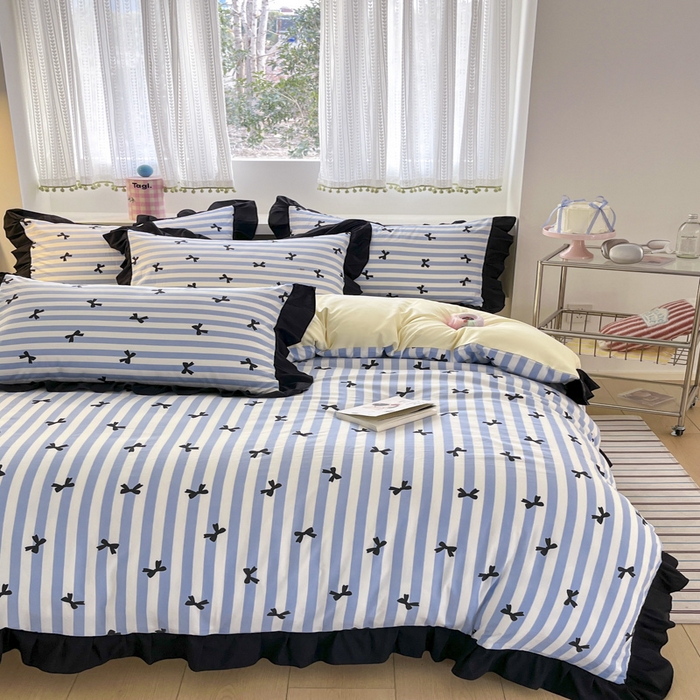 91家纺网 家纺一手货源 找家纺 2025水洗棉花边四件套_9067 蝴蝶结-条纹蓝