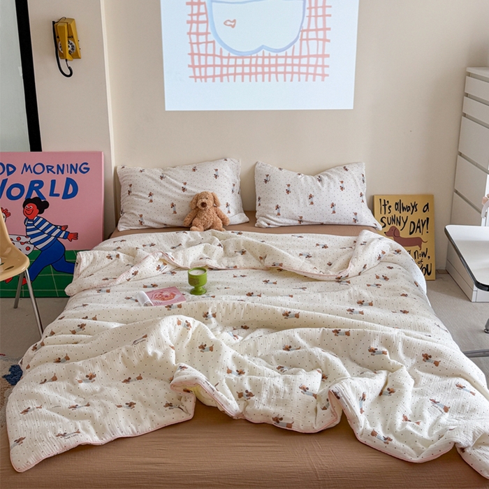 91家纺网 家纺一手货源 找家纺 萝莉家纺 2025新款软软糯糯双层皱皱纱单夏被 夏被四件套 波点狗