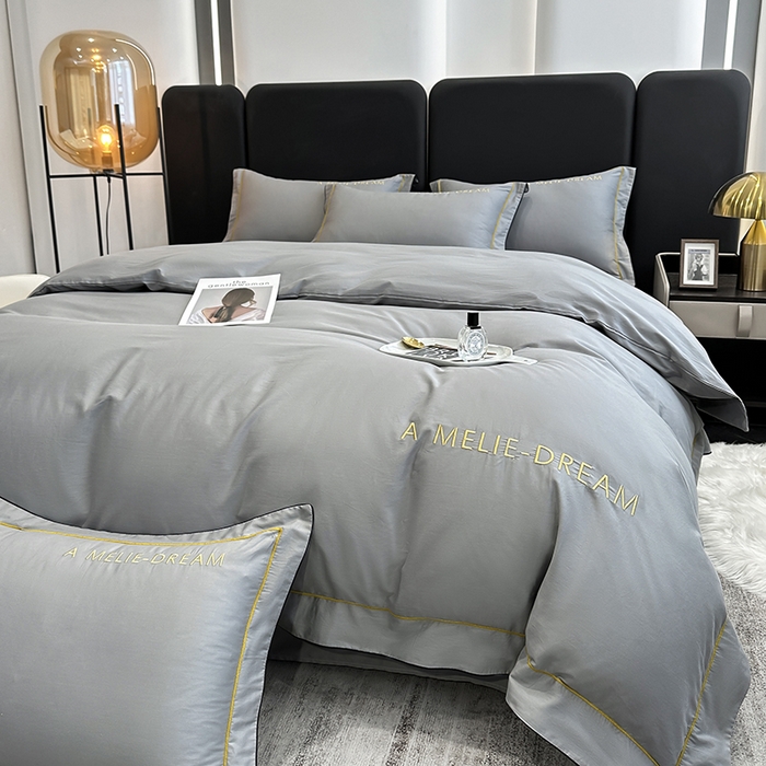 91家纺网 家纺一手货源 找家纺 宇彬家纺 2025新款直播热款13374全棉母婴级压线一字绣宽边枕套被套纯色滚边麻绳四件套贡缎新疆长绒 梦系列-绅士灰