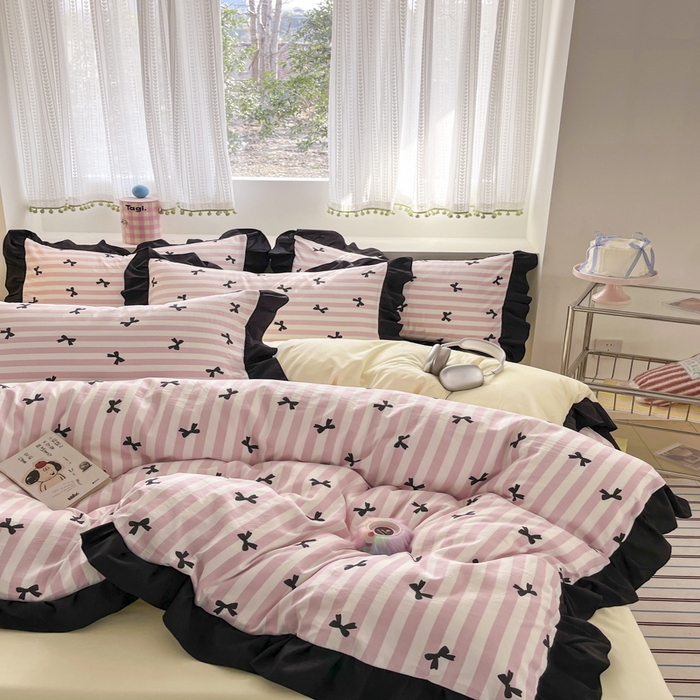 91家纺网 家纺一手货源 找家纺 2025水洗棉花边四件套_9067 蝴蝶结-条纹粉