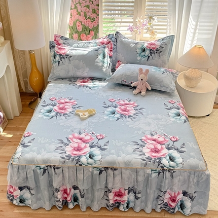 优家居 2025新款芦荟棉床裙三件套 花开富贵