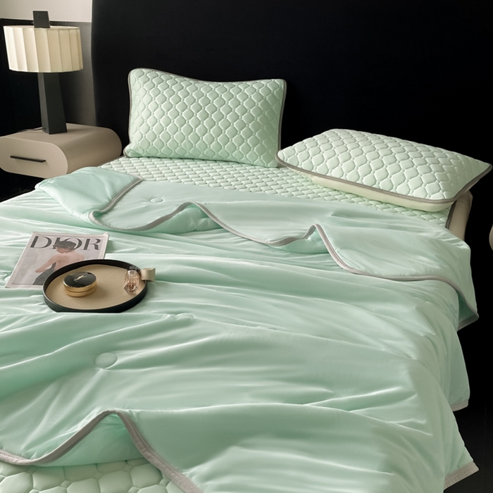 91家纺网 家纺一手货源 找家纺 欧邦 2025新款加厚纯色凉席四件套--夏被四件套 方格-水绿