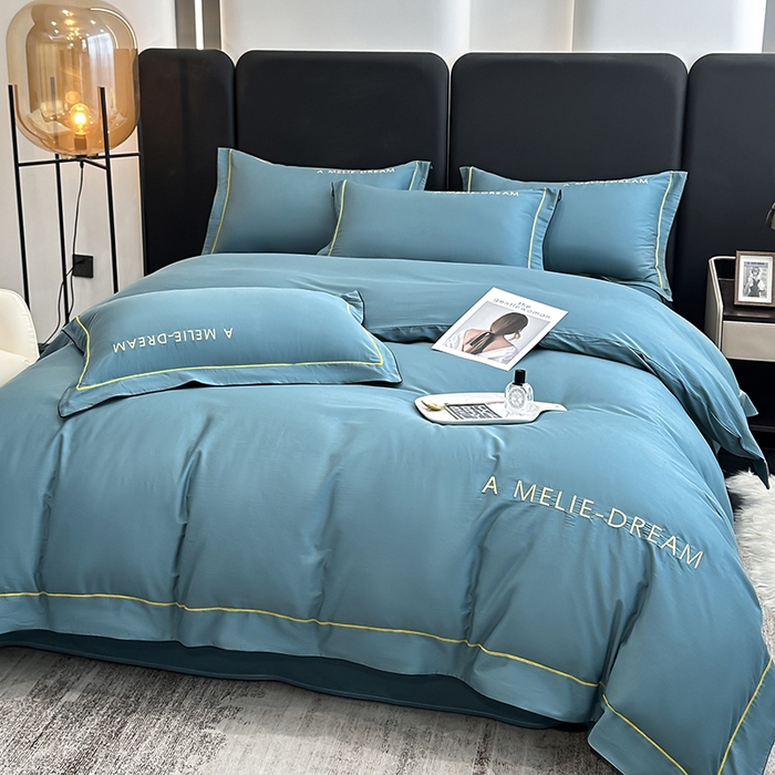 91家纺网 家纺一手货源 找家纺 宇彬家纺 2025新款直播热款13374全棉母婴级压线一字绣宽边枕套被套纯色滚边麻绳四件套贡缎新疆长绒 梦系列-摩卡绿