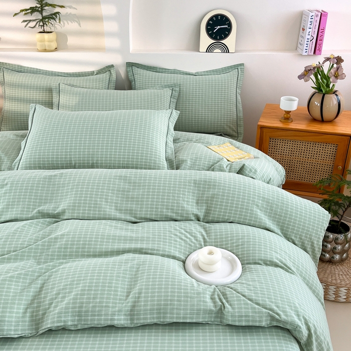 91家纺网 家纺一手货源 找家纺 金窝窝家纺 2025新款纯棉水洗棉四件套 春意盎然淡绿色