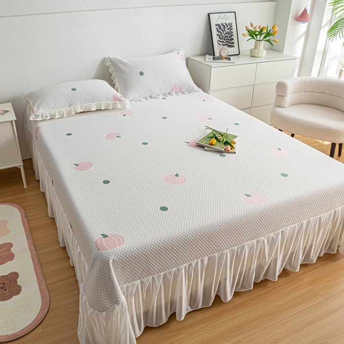 91家纺网 家纺一手货源 找家纺 春寻家纺 2025新款凉豆豆冰丝凉席席子-床裙款 南瓜