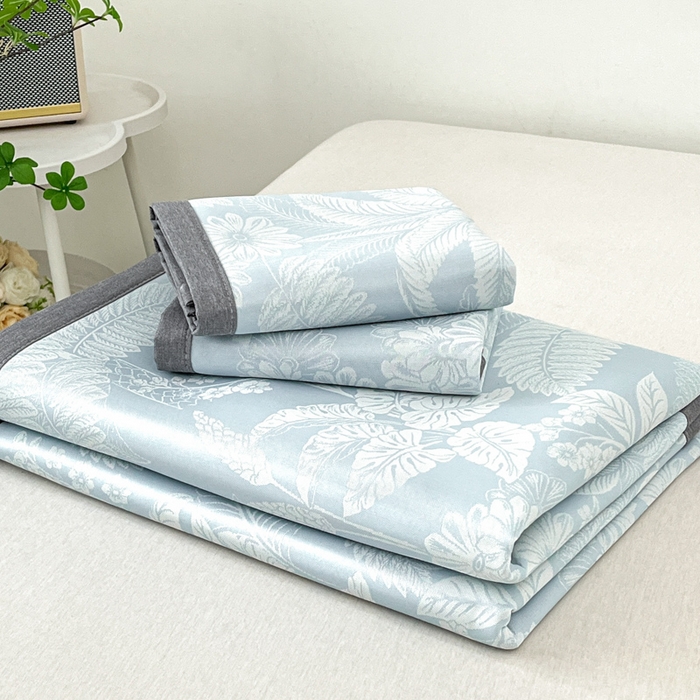 91家纺网 家纺一手货源 找家纺 子曰 2025新款高定版A类PE聚乙烯凉感凉席提花凉席床笠 叶之恋-蓝【平铺款】