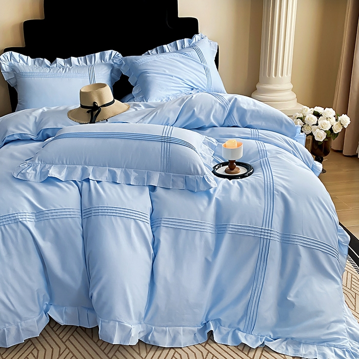 91家纺网 家纺一手货源 找家纺 花香四季家纺 2025新款全棉13376公主风纯棉法式手工立体线条四件套 蔚蓝