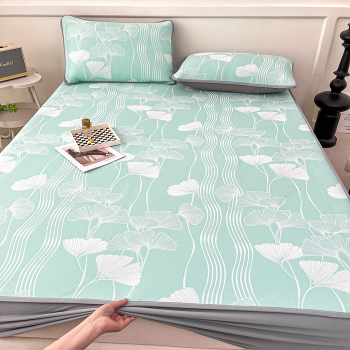 91家纺网 家纺一手货源 找家纺 子曰 2025新款高定版A类PE聚乙烯凉感凉席提花凉席床笠 银杏叶-绿【床笠款】