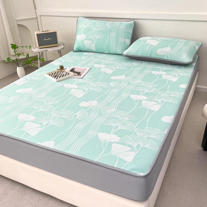 91家纺网 家纺一手货源 找家纺 子曰 2025新款高定版A类PE聚乙烯凉感凉席提花凉席床笠 银杏叶-绿【床笠款】