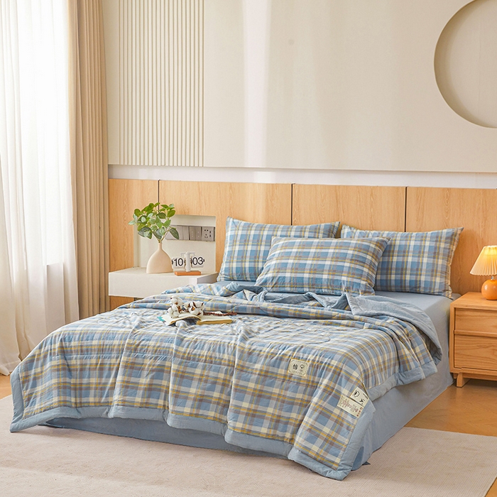 91家纺网 家纺一手货源 找家纺 创优家纺 2025新款无印风格子新疆棉夏被空调被纯棉花被夏被子薄被芯水洗棉包检测 简兮蓝