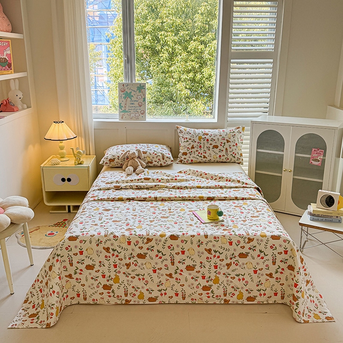 91家纺网 家纺一手货源 找家纺 晓时候 2025原棉老粗布床单凉席三件套软凉席子单床单 花丛兔