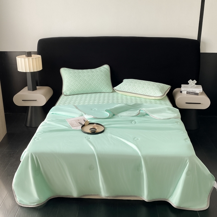 91家纺网 家纺一手货源 找家纺 欧邦 2025新款加厚纯色凉席四件套--凉席三件套 饼干花-水绿