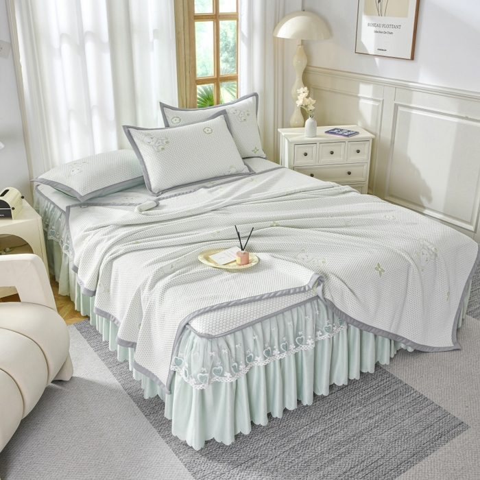 91家纺网 家纺一手货源 找家纺 品乐家纺  2025新款床裙款提花冰豆豆套件凉席席子 绿色