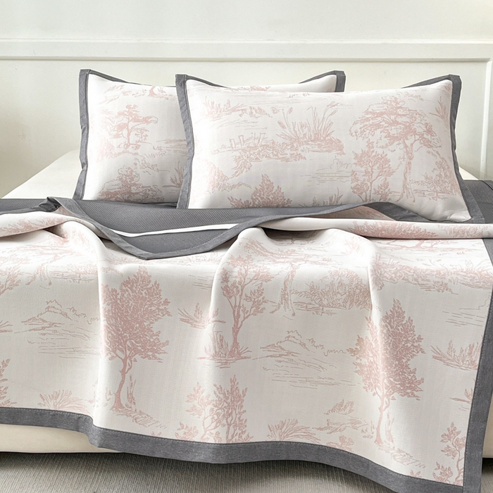 91家纺网 家纺一手货源 找家纺 子曰 2025新款高定版A类PE聚乙烯凉感凉席提花凉席床笠 秘境-粉【平铺款】