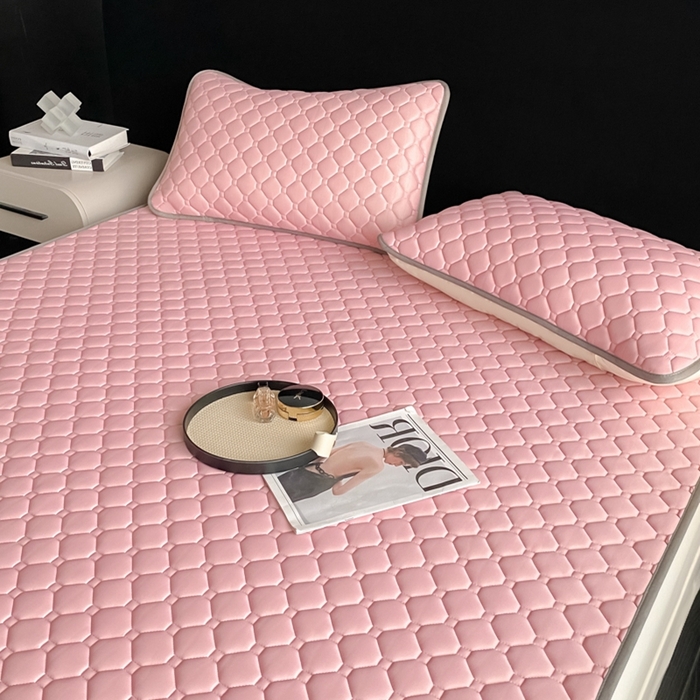 91家纺网 家纺一手货源 找家纺 欧邦 2025新款加厚纯色凉席四件套--凉席三件套 方格-豆粉