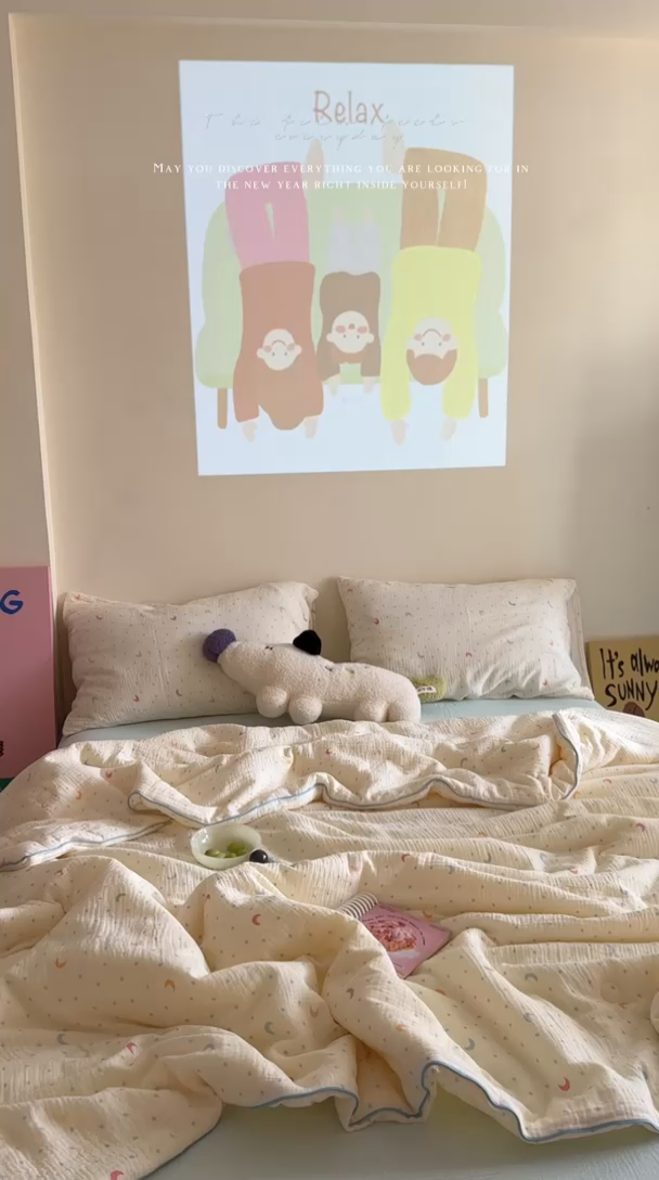 91家纺网 家纺一手货源 找家纺 萝莉家纺 2025新款软软糯糯双层皱皱纱单夏被 夏被四件套 星星月亮