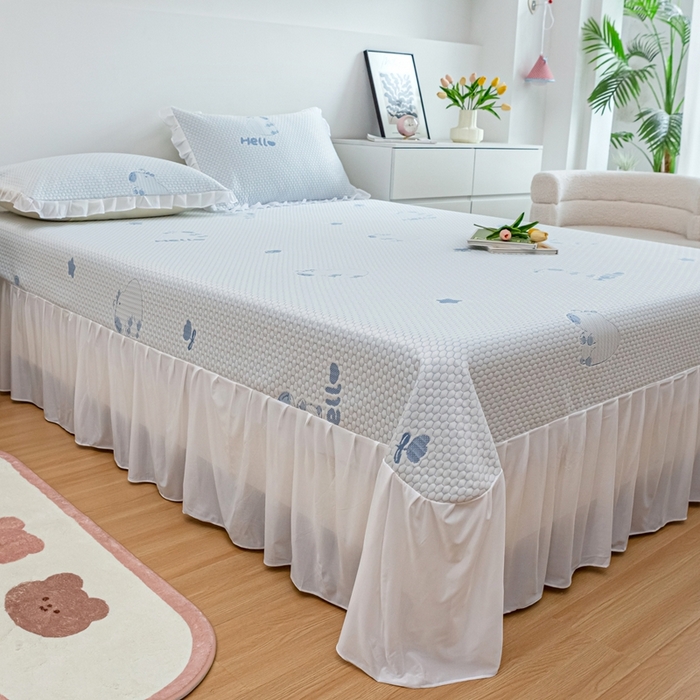 91家纺网 家纺一手货源 找家纺 春寻家纺 2025新款凉豆豆冰丝凉席席子-床裙款 卡皮巴拉-蓝