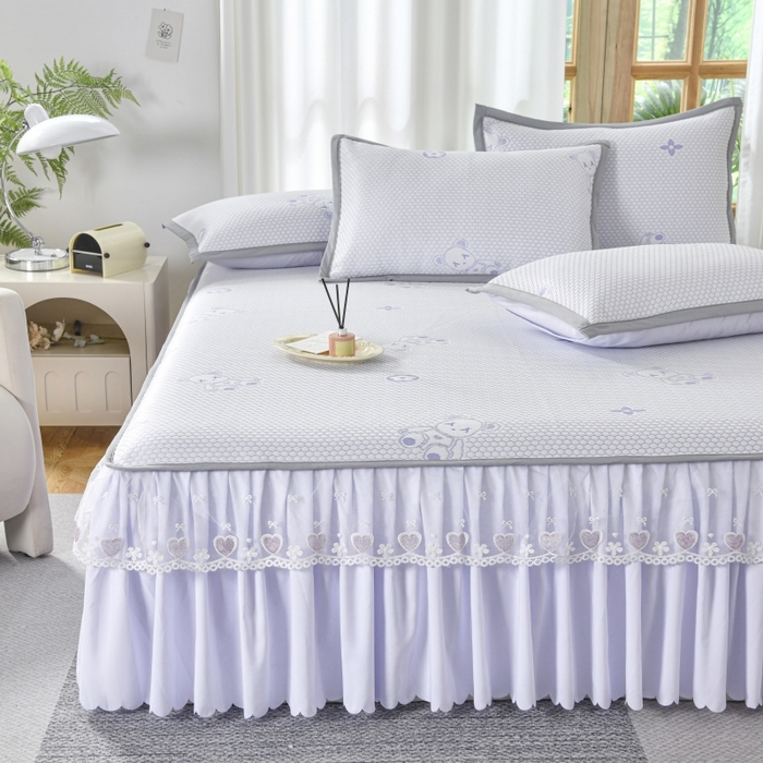 91家纺网 家纺一手货源 找家纺 品乐家纺  2025新款床裙款提花冰豆豆套件凉席席子 浅紫